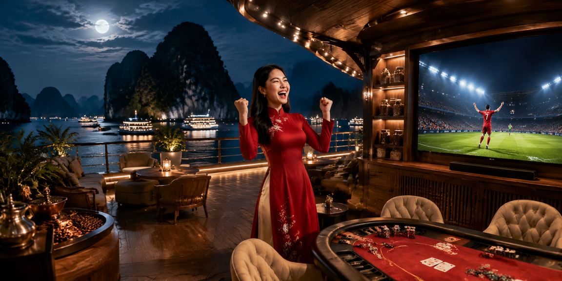 Người phụ nữ mặc áo dài chơi bài tại vịnh Hạ Long, thể hiện giải trí truyền thống Việt Nam