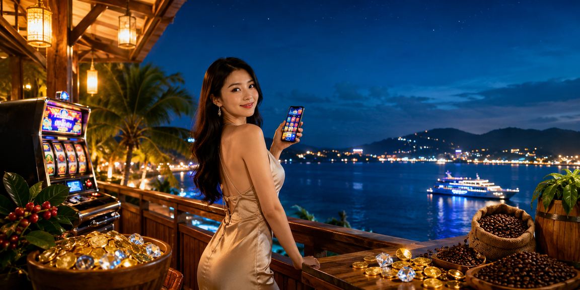 Người dùng Phú Quốc chơi slot game tại quán cà phê ven biển, tích lũy điểm VIP